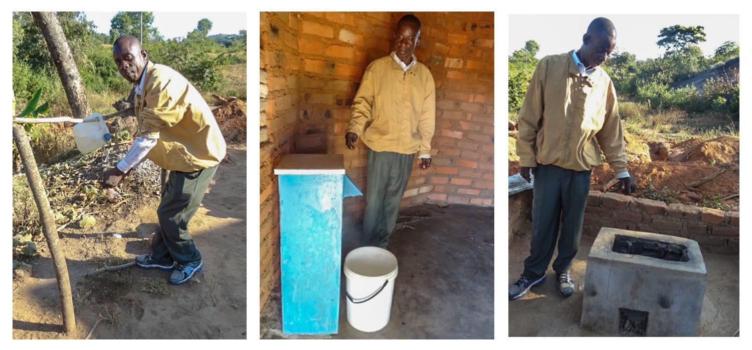 Joseph with Tippy Tap, BioSand Filter and Rocket Stove